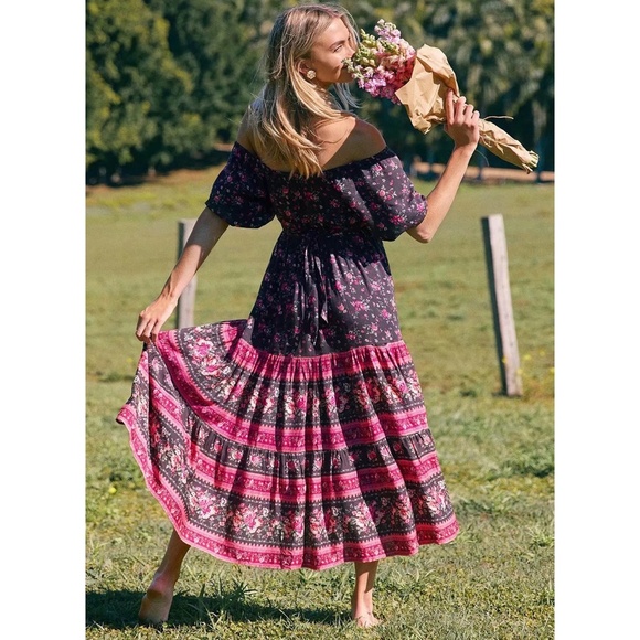 Boho Pink Floral Print Off Shoulder Midi Dress - Picture 7 of 14